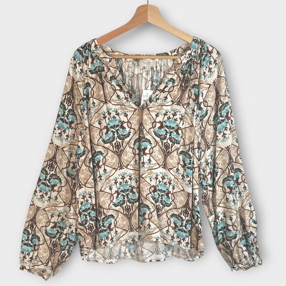LOFT V-neck Popover BlouseTop LARGE Eclectic Boho Earth Tone Teal Accent NEW - Picture 1 of 8